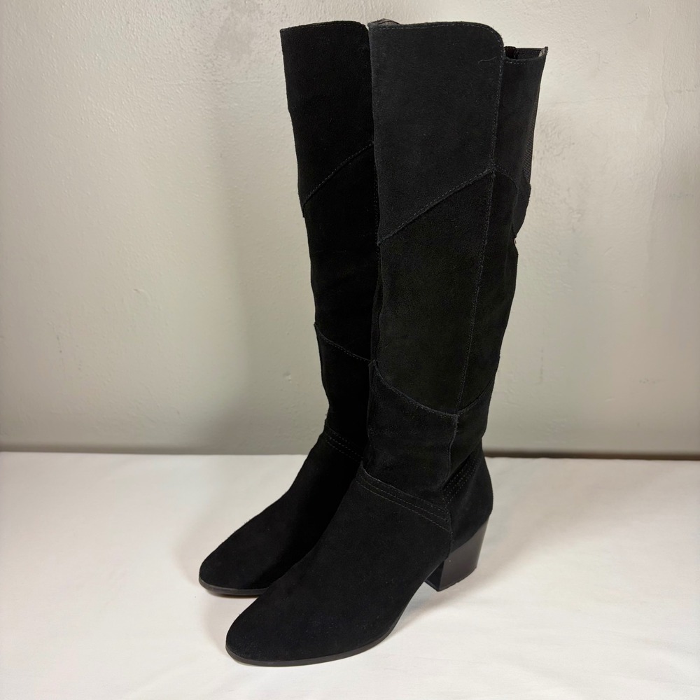 Crown Vintage Black Suede Patchwork Knee High Boots Block Heel Pointed Toe Women
